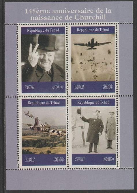 Chad 2019 145 Birth Anniversary of Winston Churchill perf sheet containing 4 values unmounted mint. , stamps on churchill, stamps on  ww2 , stamps on aviation, stamps on 