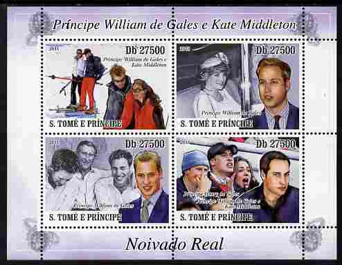St Thomas & Prince Islands 2011 Royal Engagement - William & Kate perf sheetlet containing 4 values unmounted mint , stamps on , stamps on  stamps on royalty, stamps on  stamps on william, stamps on  stamps on diana, stamps on  stamps on charles, stamps on  stamps on skiing, stamps on  stamps on kate