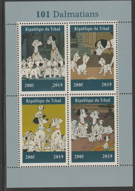 Chad 2019 101 Dalmations perf sheet containing 4 values unmounted mint. , stamps on , stamps on  stamps on disney, stamps on  stamps on 101 dalmations, stamps on  stamps on dogs