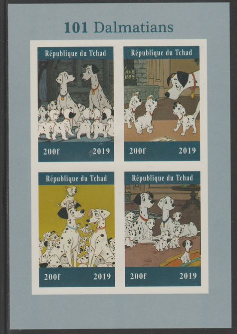 Chad 2019 101 Dalmations imperf sheet containing 4 values unmounted mint. , stamps on , stamps on  stamps on disney, stamps on  stamps on 101 dalmations, stamps on  stamps on dogs