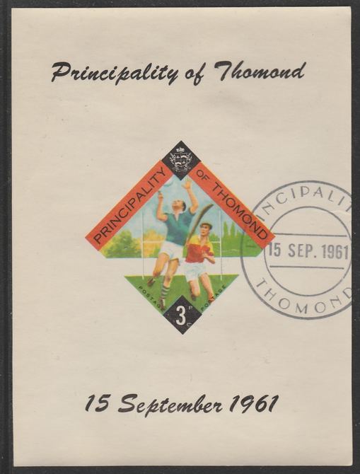 Thomond 1961 Hurling 3d (Diamond-shaped) imperf m/sheet fine used with cds cancel for first day of issue