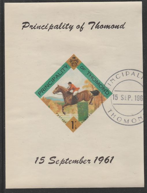 Thomond 1961 Show jumping 1.5d (Diamond-shaped) imperf m/sheet fine used with cds cancel for first day of issue, stamps on , stamps on  stamps on sport    horses