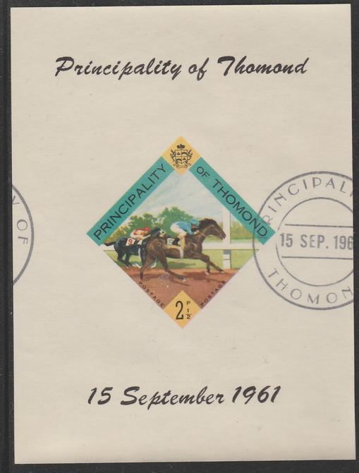 Thomond 1961 Horse Racing 2.5d (Diamond-shaped) imperf m/sheet fine used with cds cancel for first day of issue, stamps on , stamps on  stamps on sport    horses, stamps on  stamps on horse racing