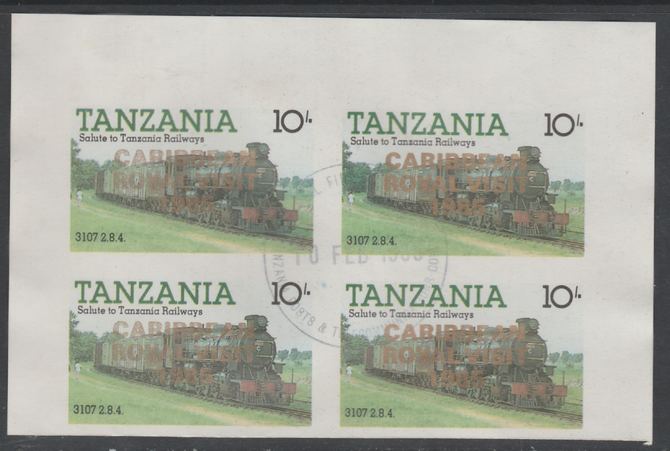 Tanzania 1985 Locomotives 10s imperf block of 4 each with 'Caribbean Royal Visit 1985' opt in gold with central cds cancel for first day of issue, stamps on , stamps on  stamps on railways, stamps on royalty, stamps on royal visit