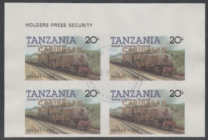 Tanzania 1985 Locomotives 20s imperf block of 4 each with 'Caribbean Royal Visit 1985' opt in gold with central cds cancel for first day of issue, stamps on , stamps on  stamps on railways, stamps on royalty, stamps on royal visit