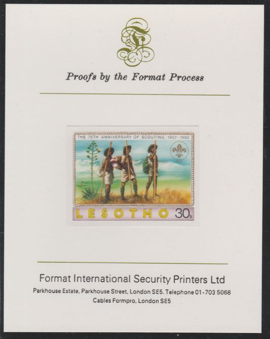 Lesotho 1982 75th Anniversary of Scouting- 30s Scouts Hiking,imperf mounted on Format International Proof Card, as SG475, stamps on scouts