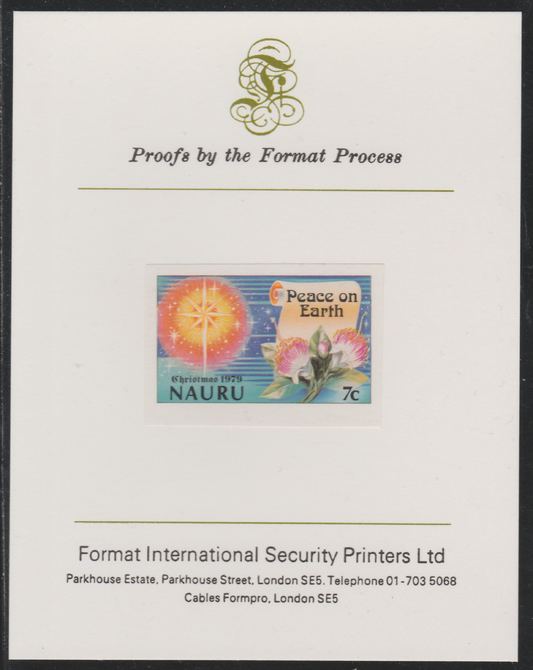 Nauru 1979 Christmas 7c Peace on Earth  imperf mounted on Format International Proof Card, as SG216, stamps on christmas