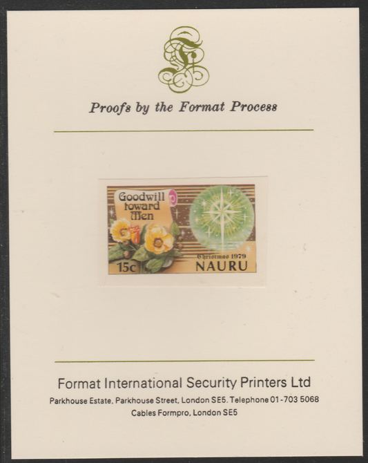 Nauru 1979 Christmas 15c Goodwill Toward Men,imperf mounted on Format International Proof Card, as SG217, stamps on christmas