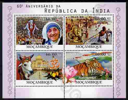 Mozambique 2010 60th Anniversary of Republic of India perf sheetlet containing 4 values unmounted mint , stamps on personalities, stamps on gandhi, stamps on tigers.tourism, stamps on teresa