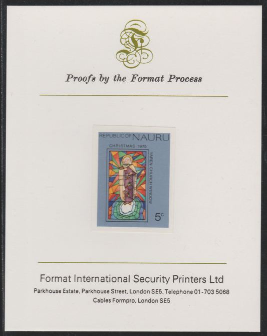 Nauru 1975 Christmas - Stained Glass Window,5c imperf mounted on Format International Proof Card, as SG139, stamps on christmas, stamps on stained glass