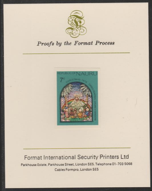 Nauru 1975 Christmas - Stained Glass Window  7c imperf mounted on Format International Proof Card, as SG140, stamps on christmas, stamps on stained glass