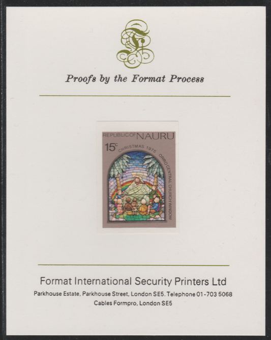 Nauru 1975 Christmas - Stained Glass Window,15c imperf mounted on Format International Proof Card, as SG141, stamps on , stamps on  stamps on christmas, stamps on  stamps on stained glass