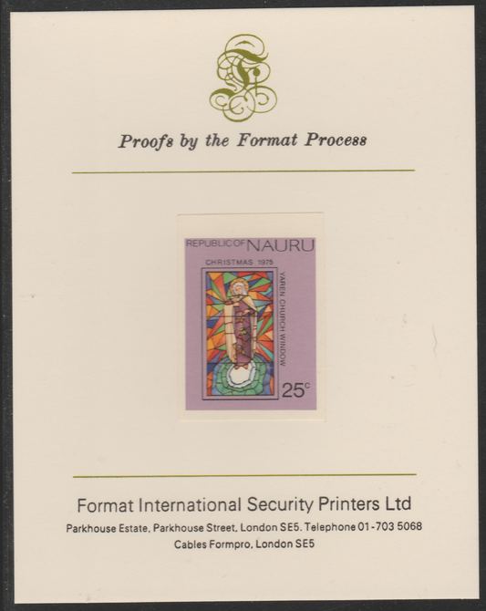 Nauru 1975 Christmas - Stained Glass Window,25c imperf mounted on Format International Proof Card, as SG142, stamps on christmas, stamps on stained glass