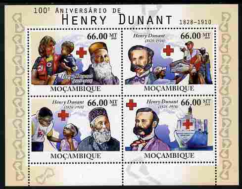 Mozambique 2010 Death Centenary of Henry Dunant perf sheetlet containing 4 values unmounted mint , stamps on , stamps on  stamps on personalities, stamps on  stamps on dunant, stamps on  stamps on red cross, stamps on  stamps on medical
