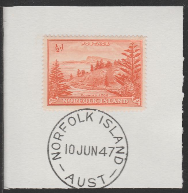 Norfolk Island 1947 Ball Bay 1/2d (SG 1) on piece with full strike of Madame Joseph forged postmark type 306, stamps on , stamps on  stamps on tourism