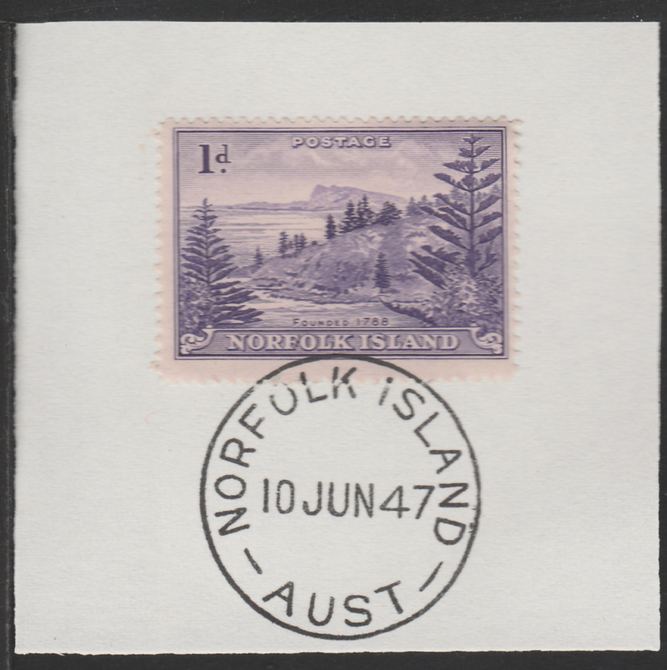 Norfolk Island 1947 Ball Bay 1d (SG 2) on piece with full strike of Madame Joseph forged postmark type 306, stamps on tourism