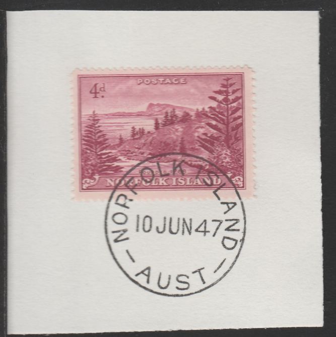 Norfolk Island 1947 Ball Bay 4d (SG 7) on piece with full strike of Madame Joseph forged postmark type 306, stamps on , stamps on  stamps on tourism