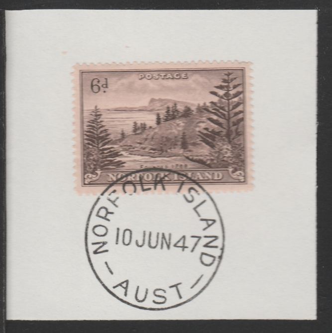 Norfolk Island 1947 Ball Bay 6d (SG 9) on piece with full strike of Madame Joseph forged postmark type 306, stamps on tourism