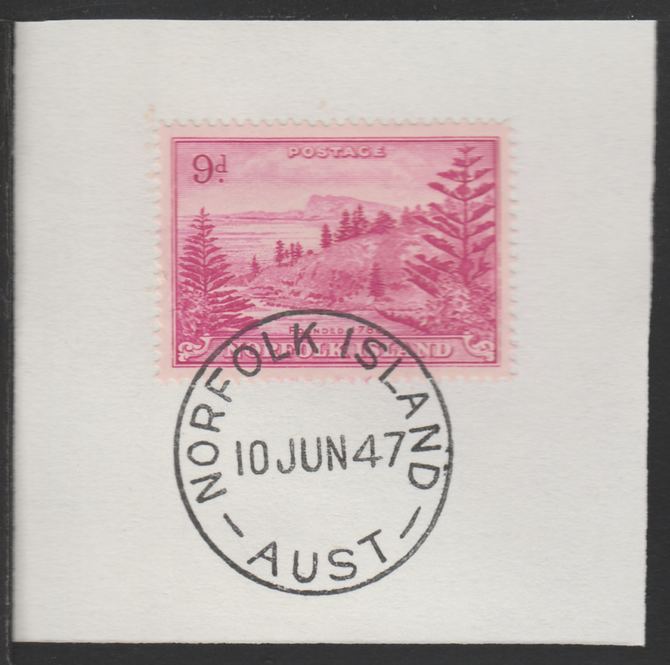 Norfolk Island 1947 Ball Bay 9d (SG 10) on piece with full strike of Madame Joseph forged postmark type 306, stamps on tourism