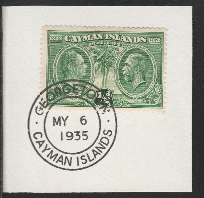 Cayman Islands 1932 Centenary 1/2d green (SG85) on piece with full strike of Madame Joseph forged postmark type 114, stamps on , stamps on  stamps on cayman islands 1932 centenary 1/2d green (sg85) on piece with full strike of madame joseph forged postmark type 114