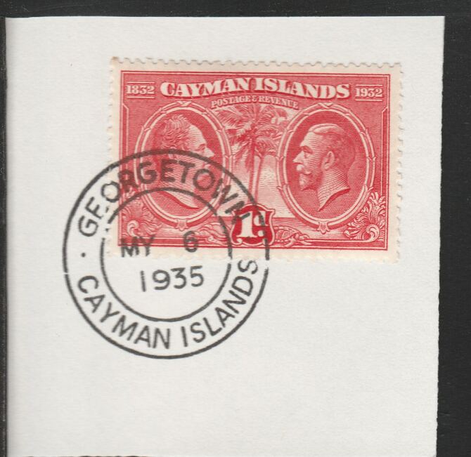 Cayman Islands 1932 Centenary 1d scarlet (SG86) on piece with full strike of Madame Joseph forged postmark type 114, stamps on , stamps on  stamps on cayman islands 1932 centenary 1d scarlet (sg86) on piece with full strike of madame joseph forged postmark type 114