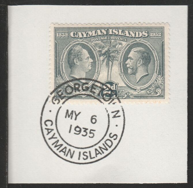 Cayman Islands 1932 Centenary 2d grey (SG88) on piece with full strike of Madame Joseph forged postmark type 114, stamps on 