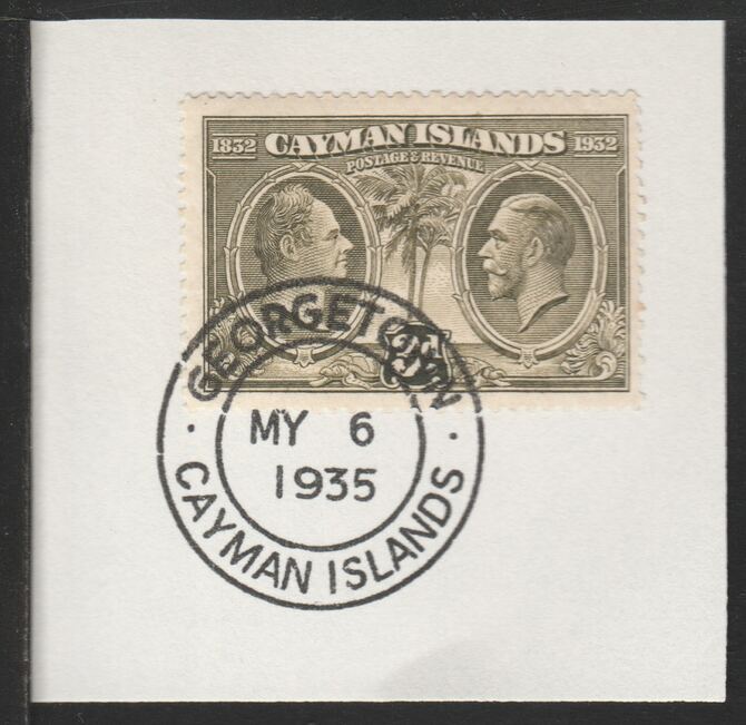 Cayman Islands 1932 Centenary 3d olive-green (SG90) on piece with full strike of Madame Joseph forged postmark type 114, stamps on 