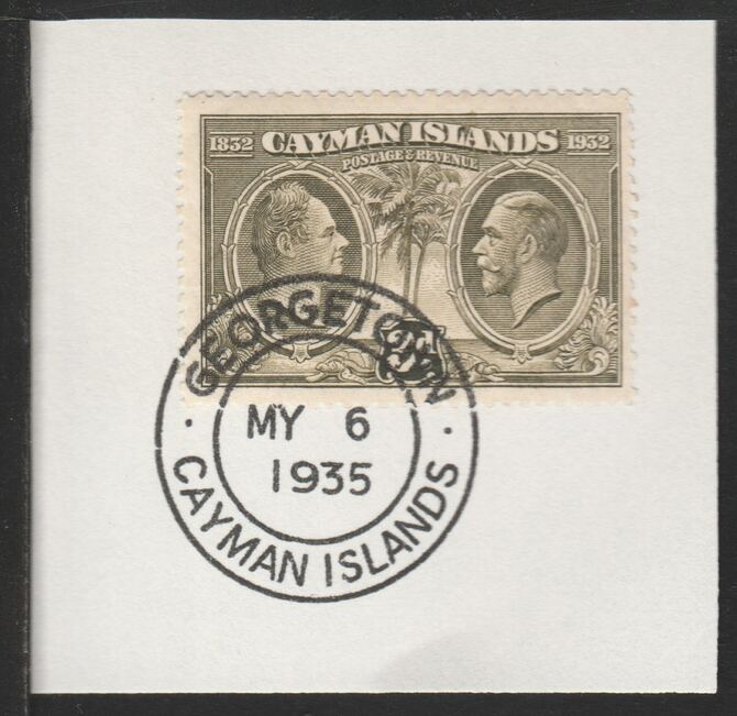 Cayman Islands 1932 Centenary 3d olive-green (SG90) on piece with full strike of Madame Joseph forged postmark type 114, stamps on , stamps on  stamps on cayman islands 1932 centenary 3d olive-green (sg90) on piece with full strike of madame joseph forged postmark type 114