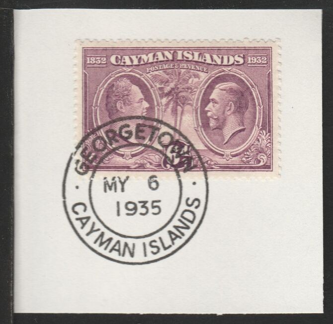 Cayman Islands 1932 Centenary 6d purple (SG91) on piece with full strike of Madame Joseph forged postmark type 114, stamps on , stamps on  stamps on cayman islands 1932 centenary 6d purple (sg91) on piece with full strike of madame joseph forged postmark type 114