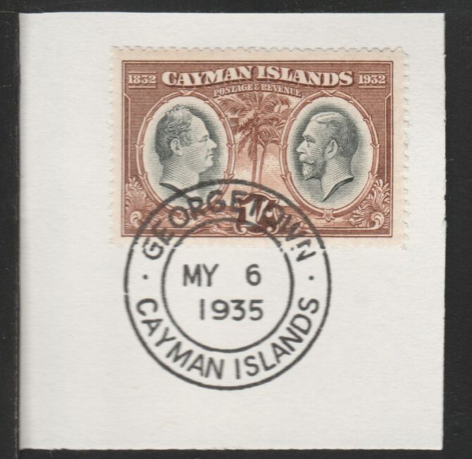 Cayman Islands 1932 Centenary 1s black & brown (SG92) on piece with full strike of Madame Joseph forged postmark type 114, stamps on , stamps on  stamps on cayman islands 1932 centenary 1s black & brown (sg92) on piece with full strike of madame joseph forged postmark type 114