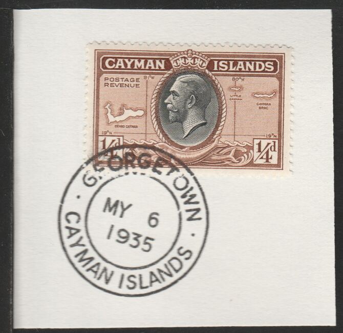 Cayman Islands 1935 KG5 Pictorial 1/4d Map (SG96) on piece with full strike of Madame Joseph forged postmark type 114, stamps on maps