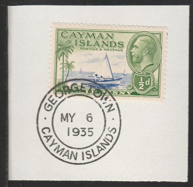 Cayman Islands 1935 KG5 Pictorial 1/2d Cat Boat (SG97) on piece with full strike of Madame Joseph forged postmark type 114, stamps on , stamps on  stamps on sailing