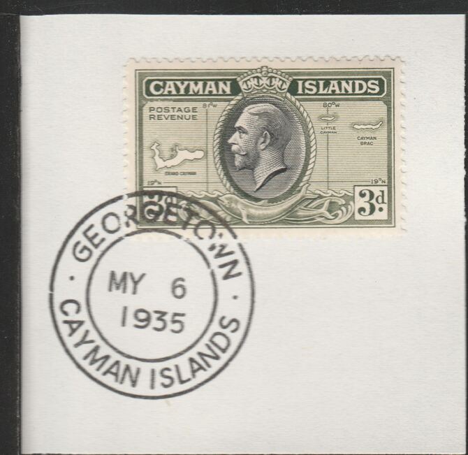 Cayman Islands 1935 KG5 Pictorial 3d Map (SG102) on piece with full strike of Madame Joseph forged postmark type 114, stamps on maps