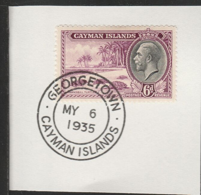 Cayman Islands 1935 KG5 Pictorial 6d Hawksbill Turtles (SG103) on piece with full strike of Madame Joseph forged postmark type 114, stamps on turtles
