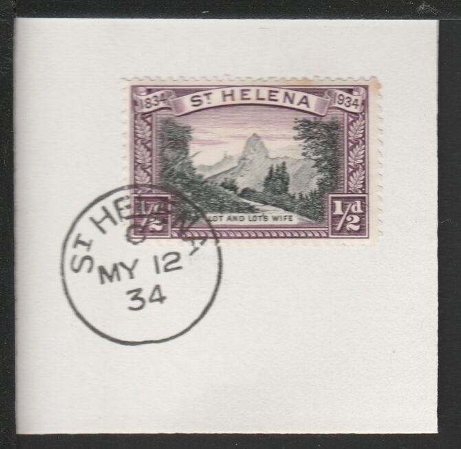 St Helena 1934 Centenary 1/2d (SG114) on piece with full strike of Madame Joseph forged postmark type 340, stamps on , stamps on  stamps on st helena 1934 centenary 1/2d (sg114) on piece with full strike of madame joseph forged postmark type 340