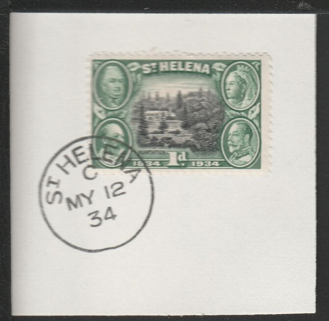 St Helena 1934 Centenary 1d (SG115) on piece with full strike of Madame Joseph forged postmark type 340, stamps on , stamps on  stamps on st helena 1934 centenary 1d (sg115) on piece with full strike of madame joseph forged postmark type 340