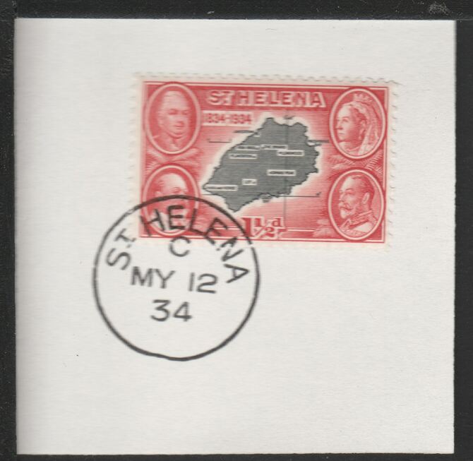 St Helena 1934 Centenary 1.5d (SG116) on piece with full strike of Madame Joseph forged postmark type 340, stamps on maps