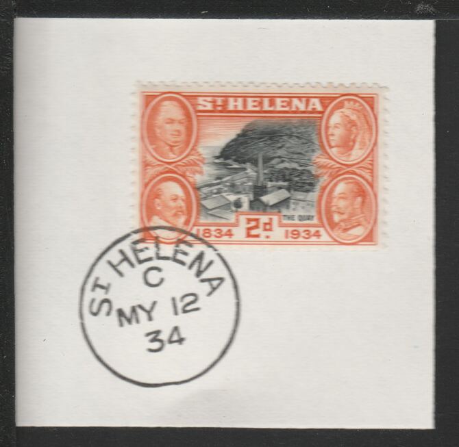 St Helena 1934 Centenary 2d (SG117) on piece with full strike of Madame Joseph forged postmark type 340, stamps on 