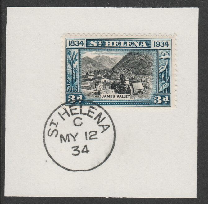 St Helena 1934 Centenary 3d (SG118) on piece with full strike of Madame Joseph forged postmark type 340, stamps on 