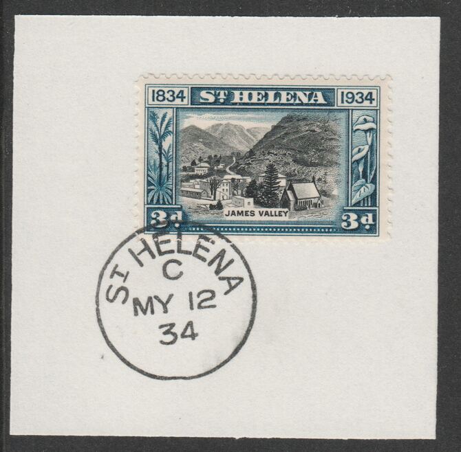 St Helena 1934 Centenary 3d (SG118) on piece with full strike of Madame Joseph forged postmark type 340, stamps on , stamps on  stamps on st helena 1934 centenary 3d (sg118) on piece with full strike of madame joseph forged postmark type 340