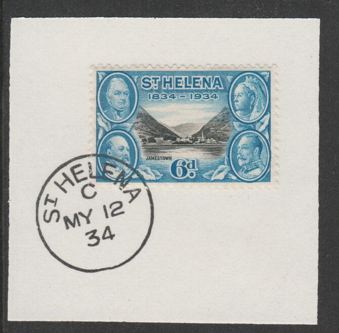 St Helena 1934 Centenary 6d (SG119) on piece with full strike of Madame Joseph forged postmark type 340, stamps on 