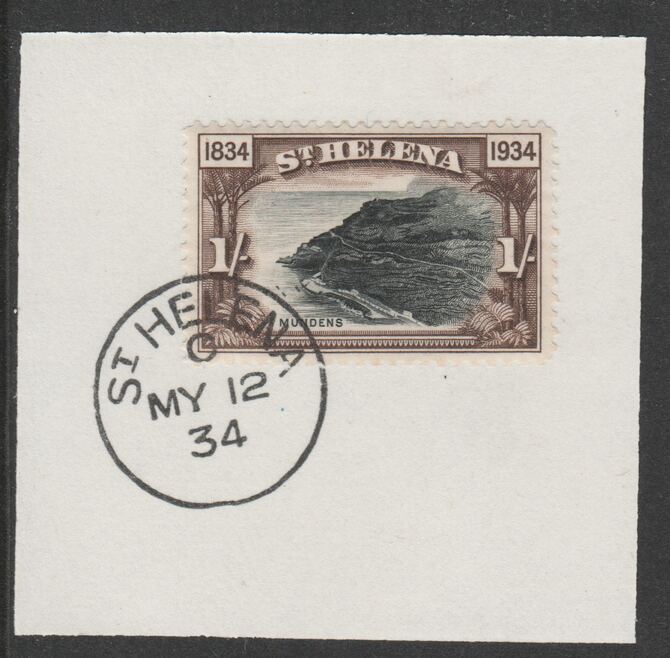 St Helena 1934 Centenary 1s (SG120) on piece with full strike of Madame Joseph forged postmark type 340, stamps on , stamps on  stamps on st helena 1934 centenary 1s (sg120) on piece with full strike of madame joseph forged postmark type 340