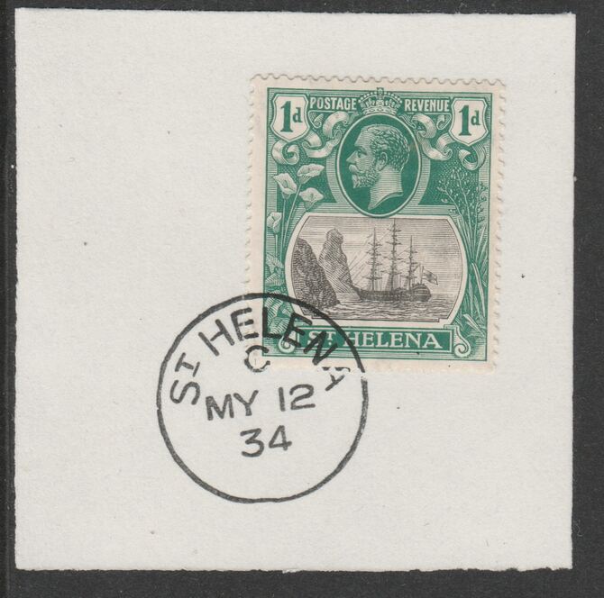 St Helena 1922-37 KG5 Badge Issue 1d (SG98) on piece with full strike of Madame Joseph forged postmark type 340, stamps on , stamps on  stamps on kg5 , stamps on  stamps on ships, stamps on  stamps on 