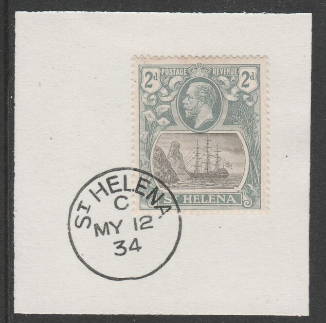 St Helena 1922-37 KG5 Badge Issue 2d (SG100) on piece with full strike of Madame Joseph forged postmark type 340, stamps on kg5 , stamps on ships, stamps on 