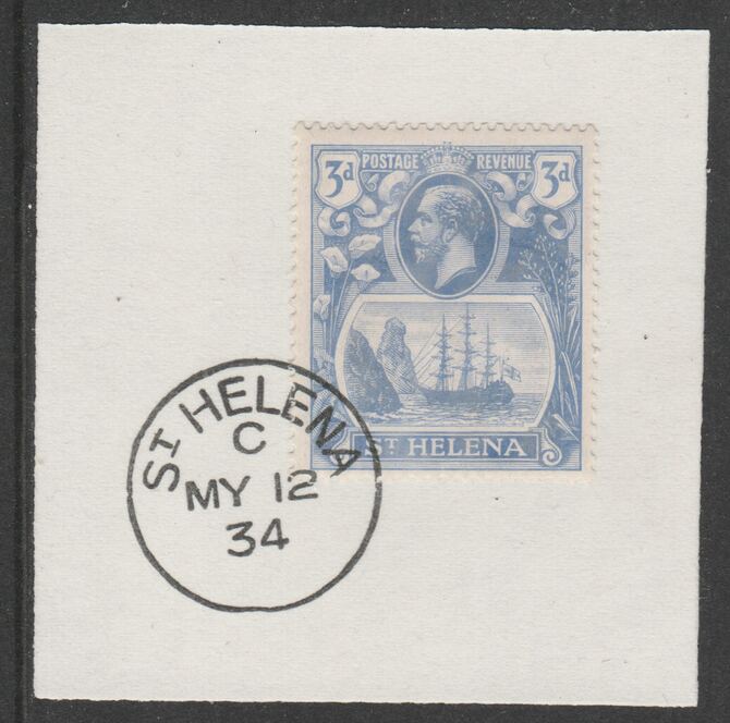St Helena 1922-37 KG5 Badge Issue 3d (SG101) on piece with full strike of Madame Joseph forged postmark type 340, stamps on kg5 , stamps on ships, stamps on 