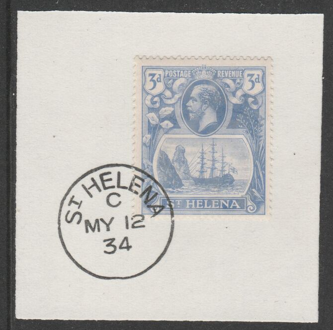 St Helena 1922-37 KG5 Badge Issue 3d (SG101) on piece with full strike of Madame Joseph forged postmark type 340, stamps on , stamps on  stamps on kg5 , stamps on  stamps on ships, stamps on  stamps on 