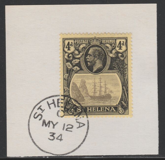 St Helena 1922-37 KG5 Badge Issue 4d (SG92) on piece with full strike of Madame Joseph forged postmark type 340, stamps on , stamps on  stamps on kg5 , stamps on  stamps on ships, stamps on  stamps on 