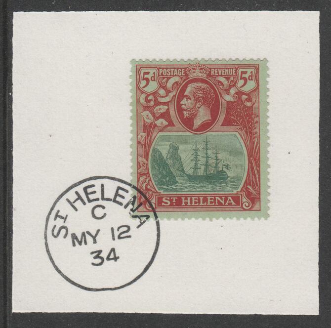 St Helena 1922-37 KG5 Badge Issue 5d (SG103) on piece with full strike of Madame Joseph forged postmark type 340, stamps on , stamps on  stamps on kg5 , stamps on  stamps on ships, stamps on  stamps on 