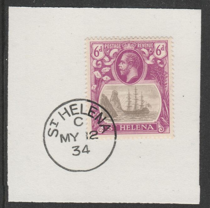 St Helena 1922-37 KG5 Badge Issue 6d (SG104) on piece with full strike of Madame Joseph forged postmark type 340, stamps on , stamps on  stamps on kg5 , stamps on  stamps on ships, stamps on  stamps on 