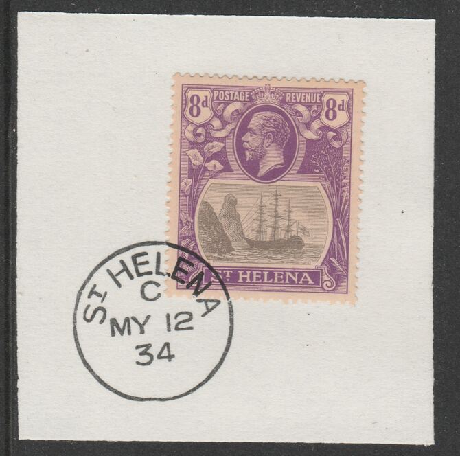 St Helena 1922-37 KG5 Badge Issue 8d (SG105) on piece with full strike of Madame Joseph forged postmark type 340, stamps on , stamps on  stamps on kg5 , stamps on  stamps on ships, stamps on  stamps on 